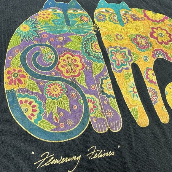 Vintage Laurel Burch Shirt Adult L Black Flower Felines Cat Art Made USA 90s Tee - Picture 7 of 12
